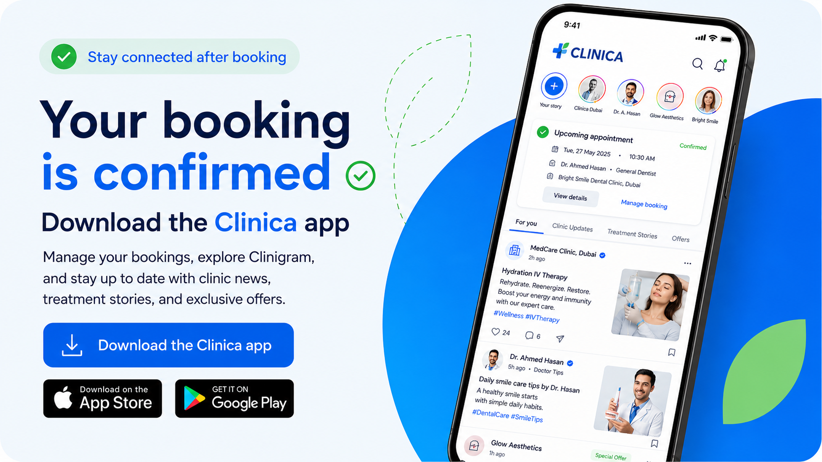 Stay connected after booking — Download the Clinica app